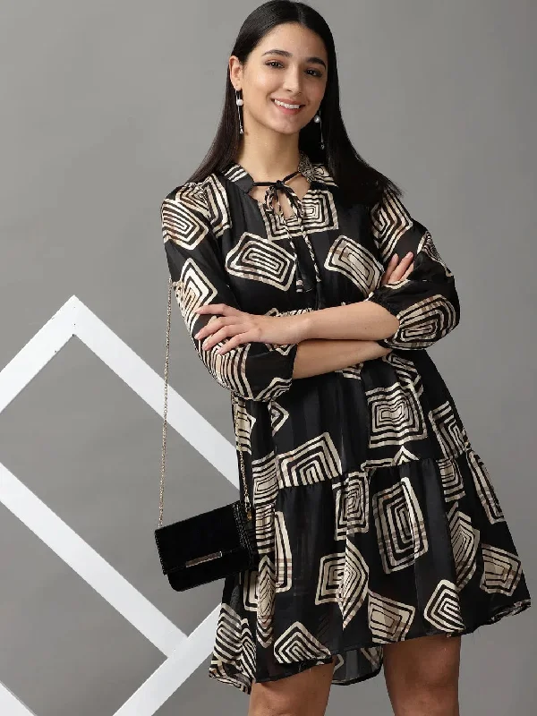 Women's Vintage-Inspired Outfit Women's Black Solid Fit and Flare Dress-AE-15711-Blackbeige