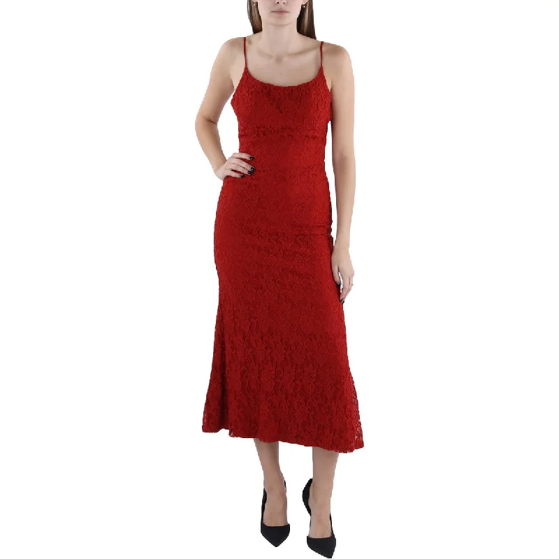 Women's Evening Garments Bardot Womens Lace Tea-Length Sheath Dress