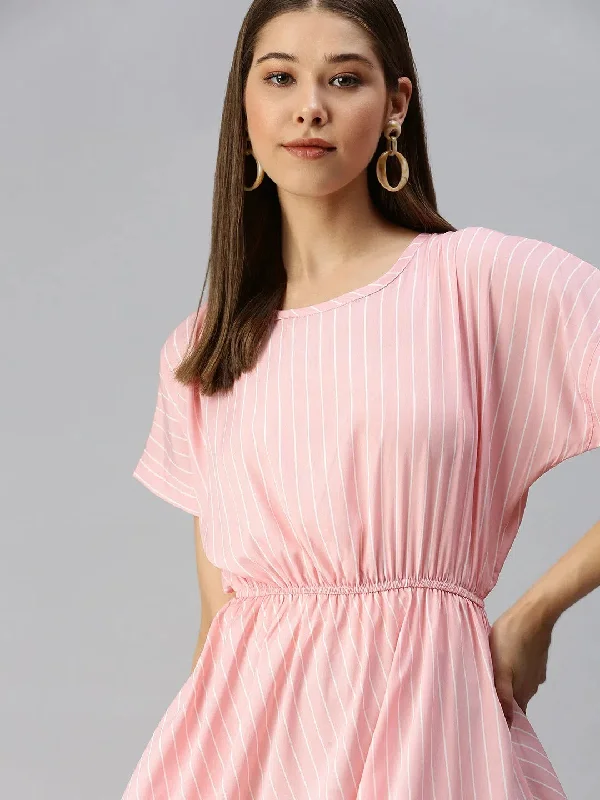 Boho Chic Fashion Women Peach Striped A-Line Dress-AE-9873-Peachwhite