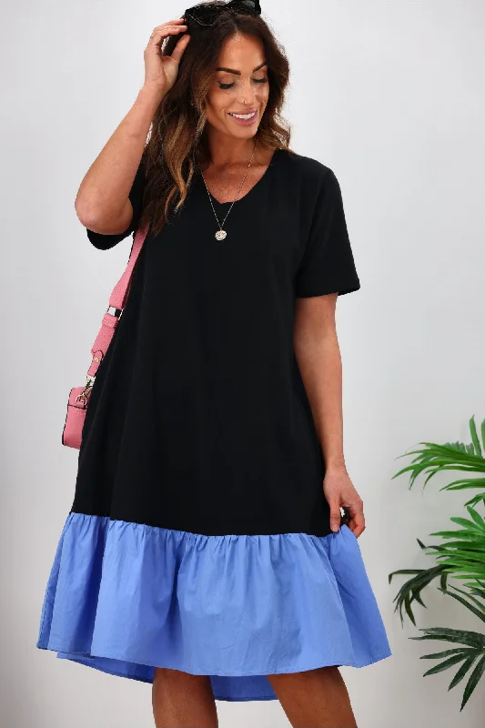 Stylish Outerwear Clothes For Women Elm Elle V Neck Dress Black with Cerulean Blue