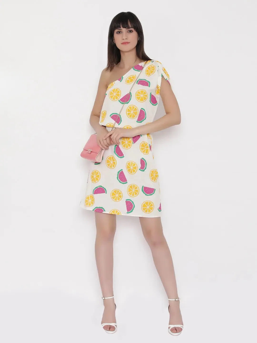 Trendy Outfits For Ladies One shoulder Fruit Printed Dress with blouson waist in Off white