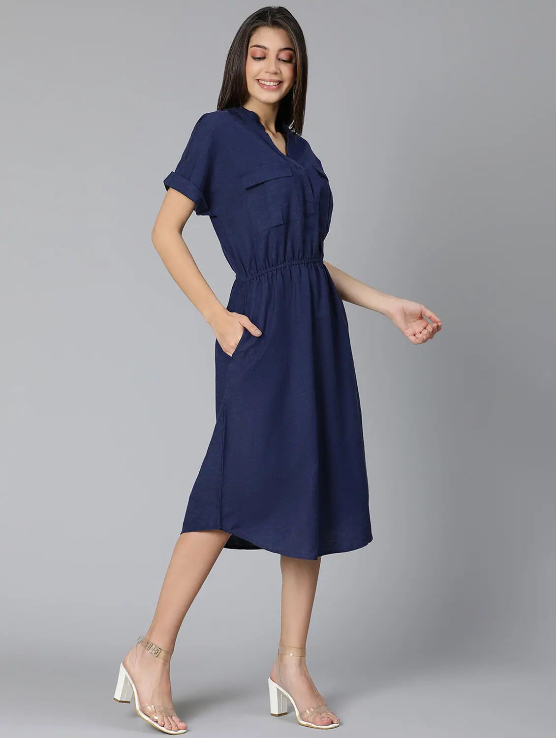 Women's Chic Outfit Zubanic Navy Blue Women Long Linen Blend Dress