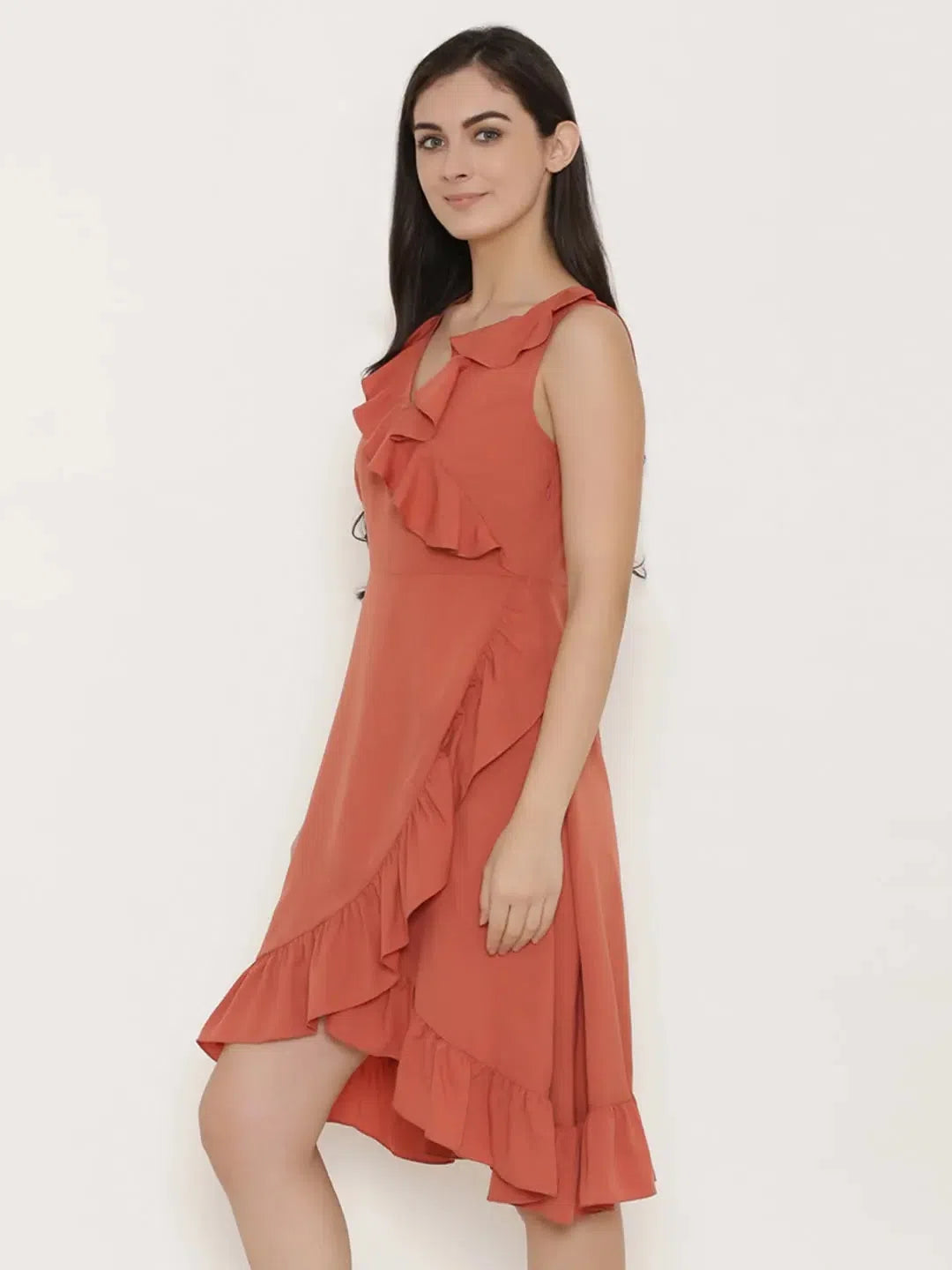 Clothes For Woman Overlap Dress with frill at neck and hem in Terrecotta Color