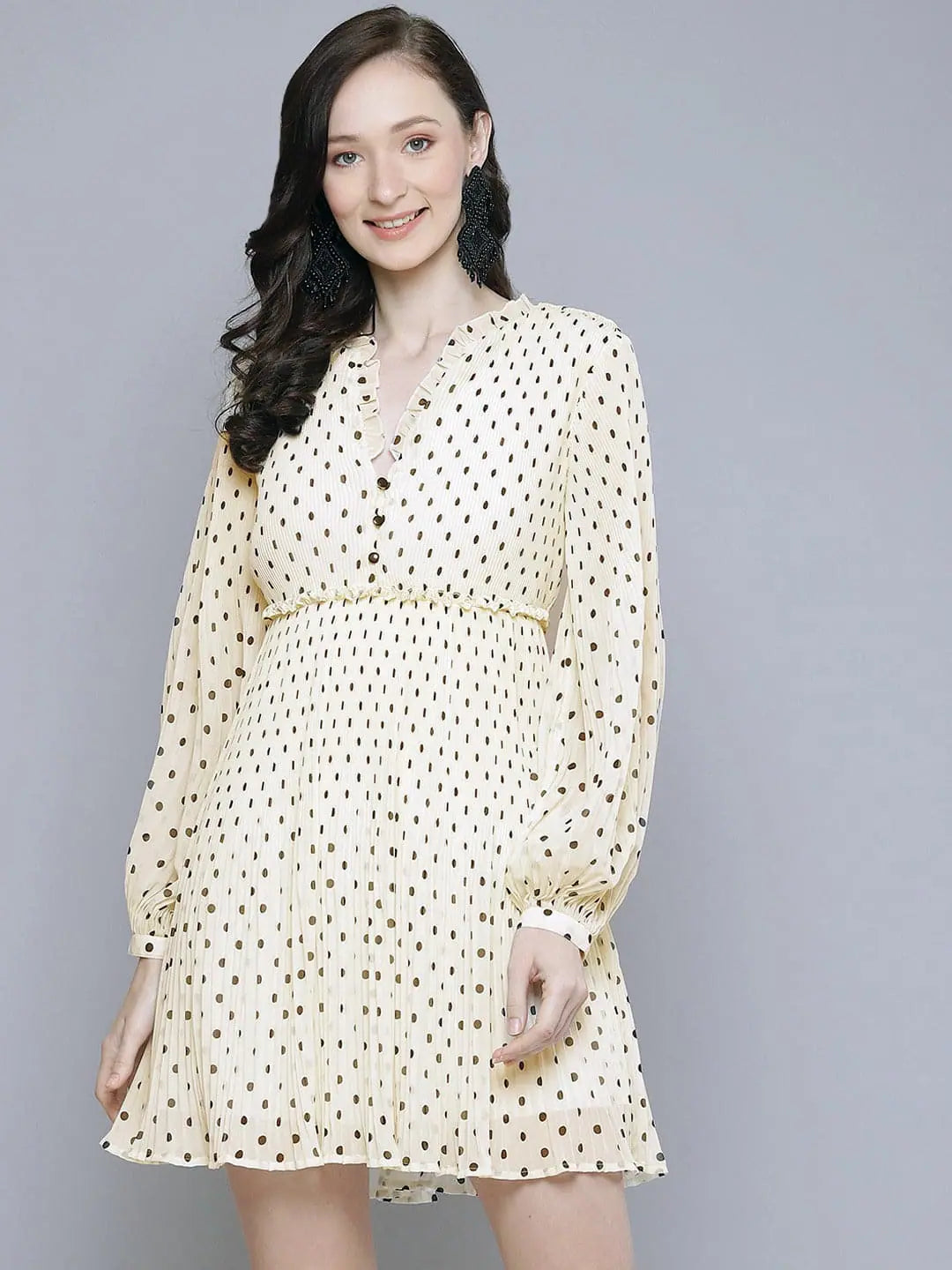 Women's High-Fashion Clothes Women White With Black Polka Dot Pleated Dress