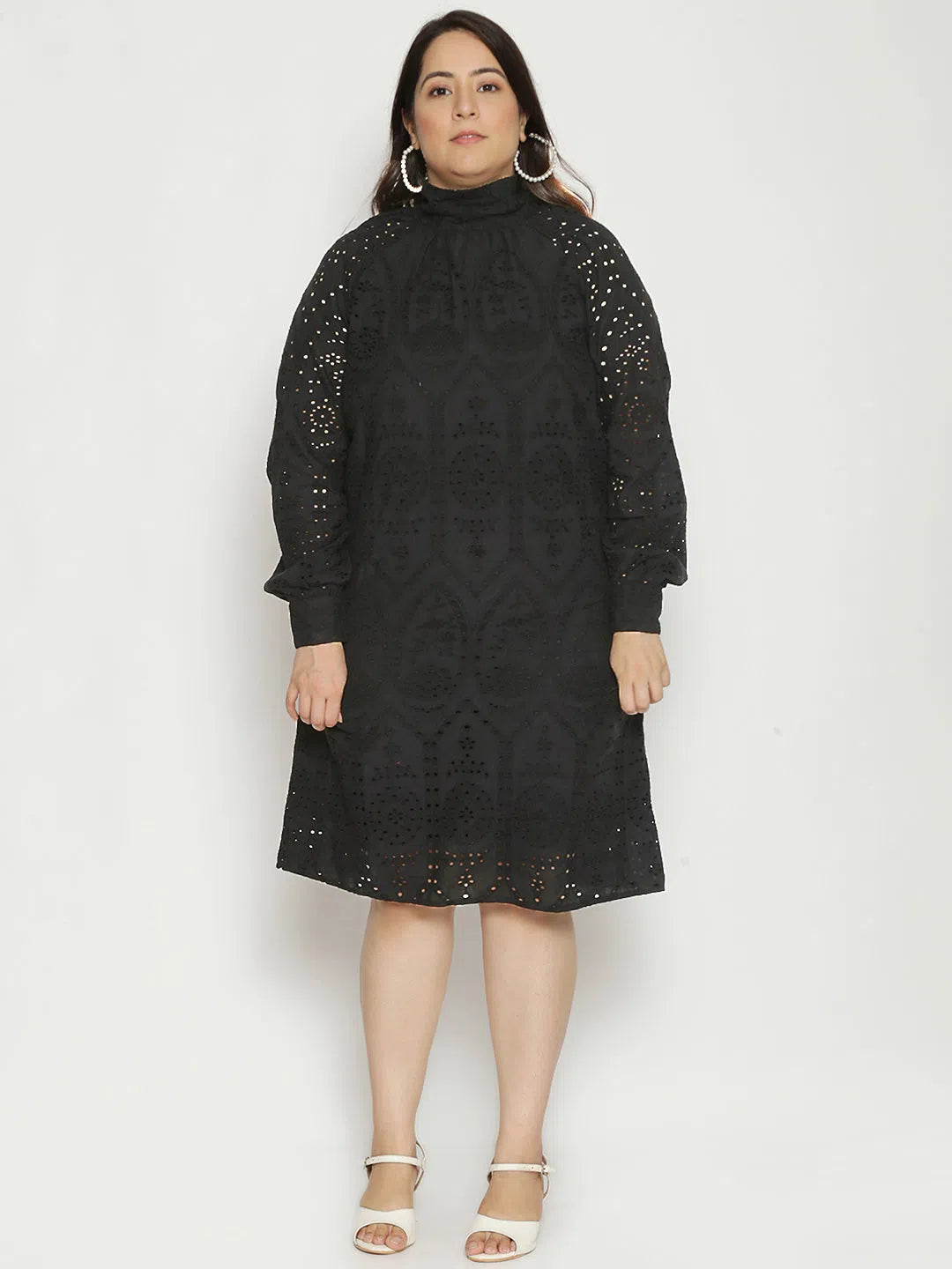 Women's Clothing Black High Tea Schiffli Plus Size Women's Dress
