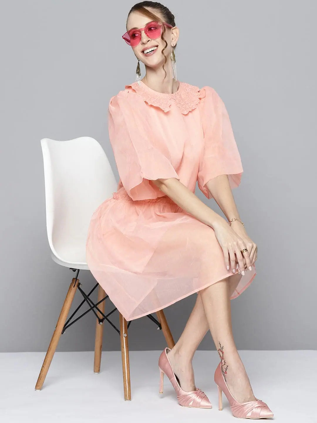 Vintage-Inspired Garments Women Pink Embroidered Collar Organza Dress