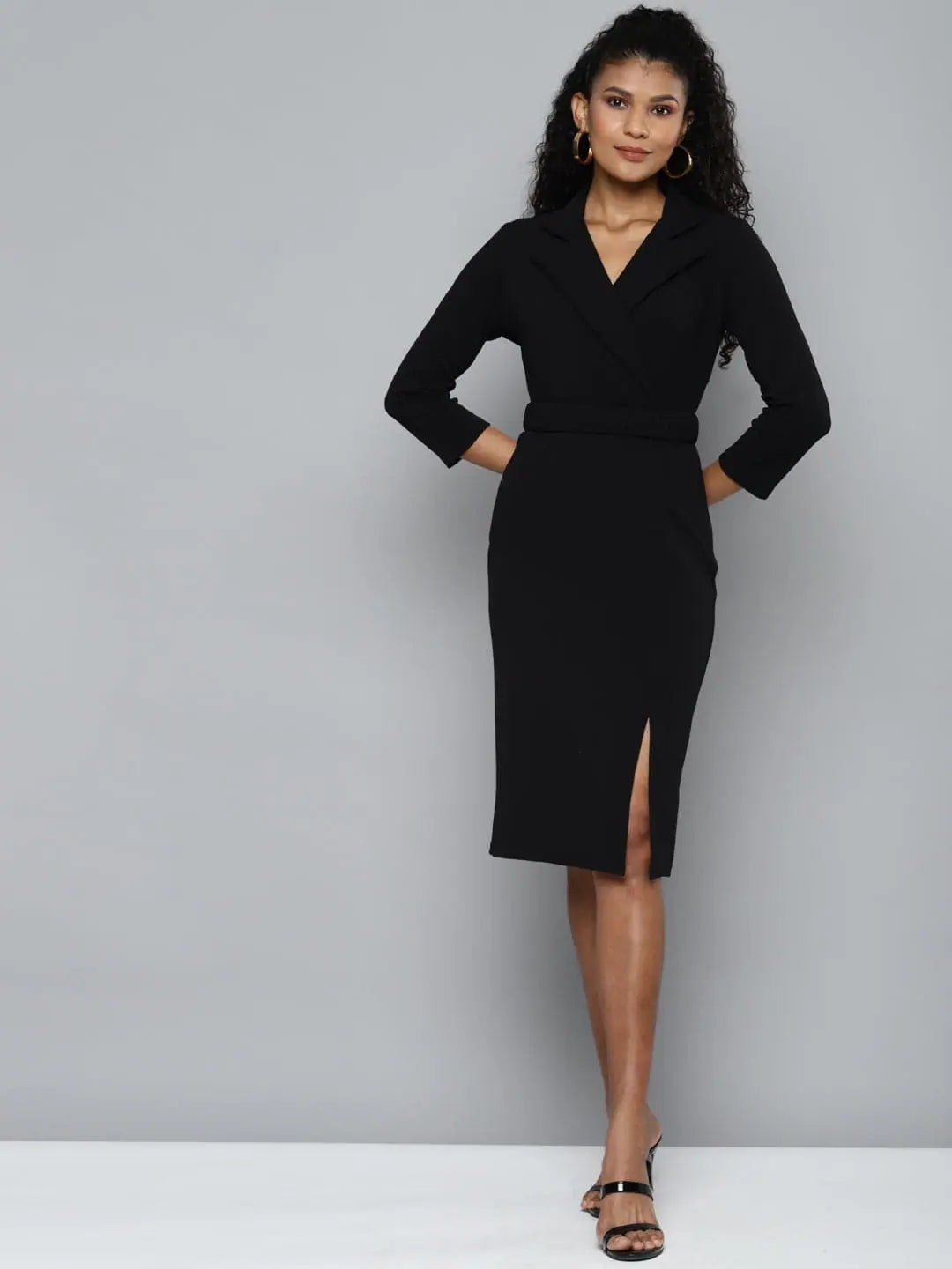 Chic Casual Style Black Notch Collar Belted Dress