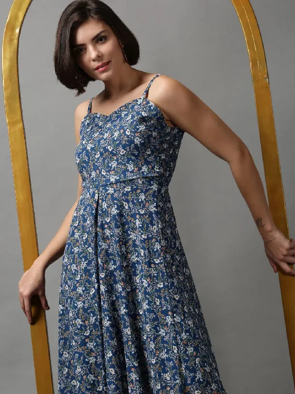 Unique Women's Fashion Pieces Women's Blue Printed Fit and Flare Dress-AE-15095-Teal