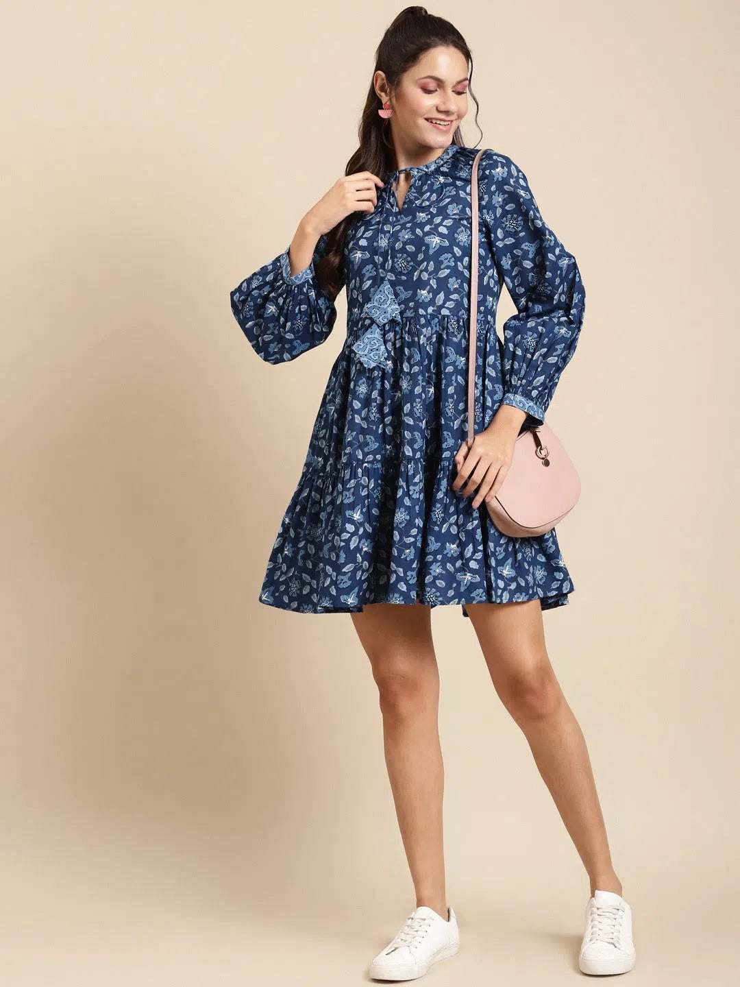 Women's Trendy Casual Clothes Mini Printed Layered Dress With Balloon Sleeve