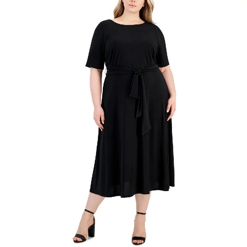 Contemporary Women's Clothing Kasper Womens Plus Belted Middi Fit & Flare Dress