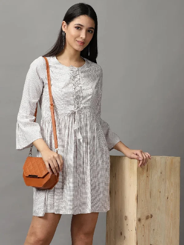 Women's Sporty Clothes Women's Off White Checked Fit and Flare Dress-NJ-2450264-Offwhite