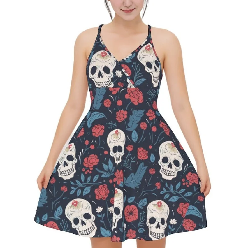 Timeless Women's Garments Women‘s Skulls With Blue & Red Flowers Cross Cami Strappy Dress