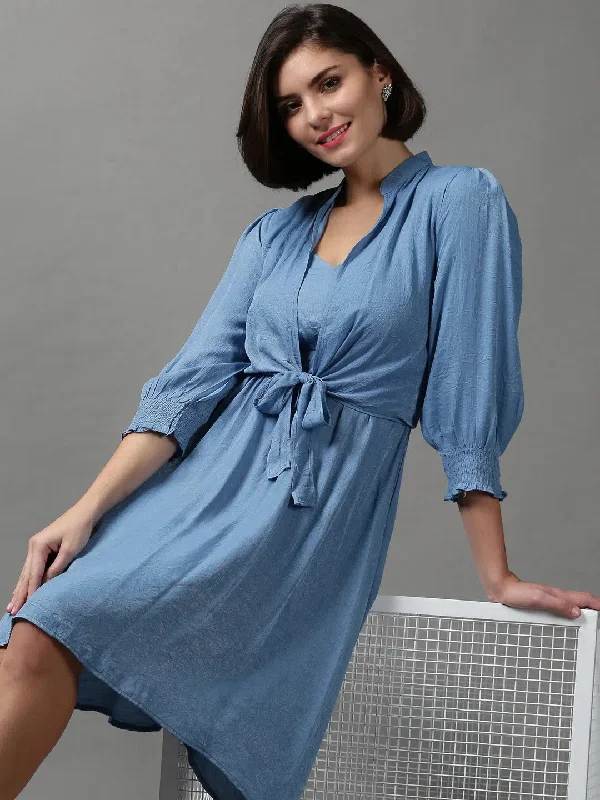 Women's Plus-Size Outfit Women's Blue Solid Fit and Flare Dress-AE-15096-Blue