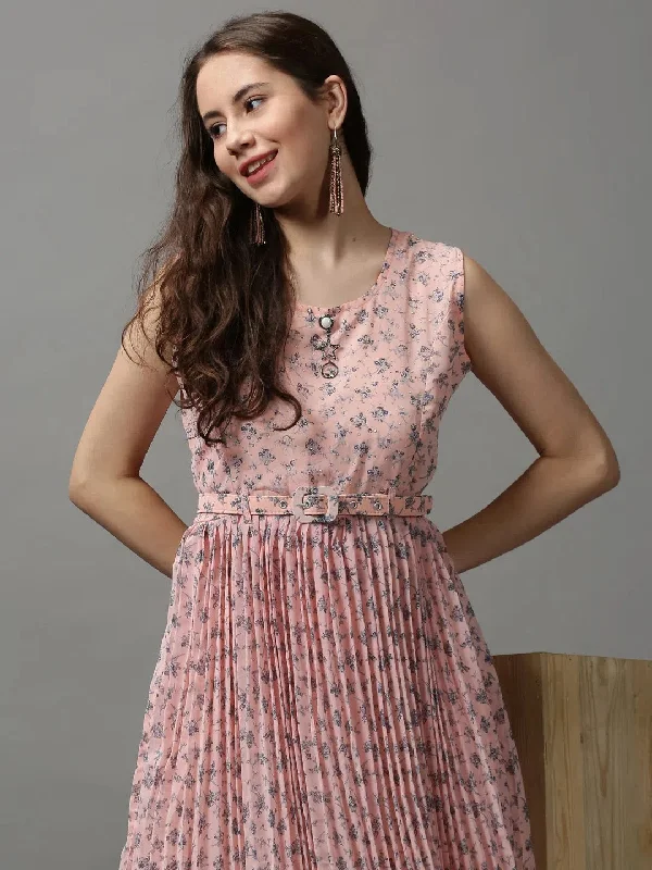 Imeless Style Women's Peach Printed A-Line Dress-KG-589-5-Peach