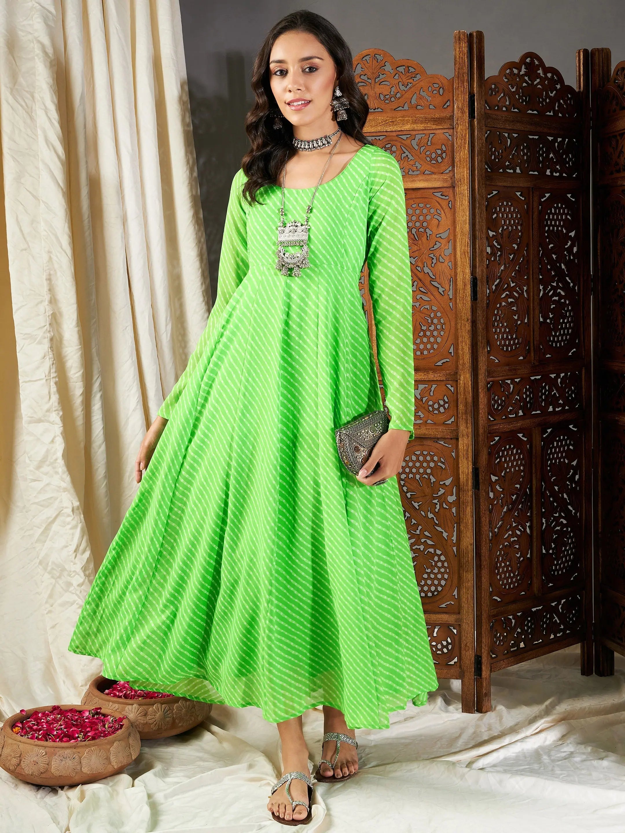 Women's Athletic Clothes Women Green Lehariya Anarkali Dress