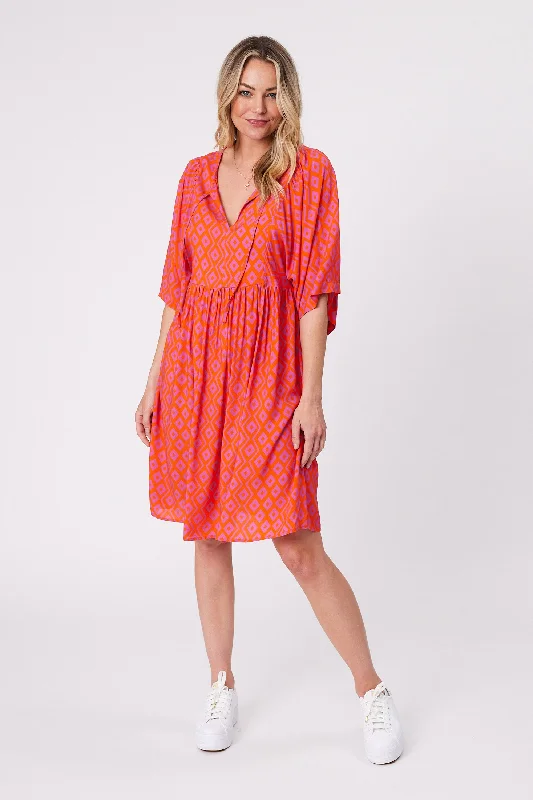 Formal Clothing For Women Gloss by Shine On Antonia Wide Sleeve Dress Orange Purple Diamond Print