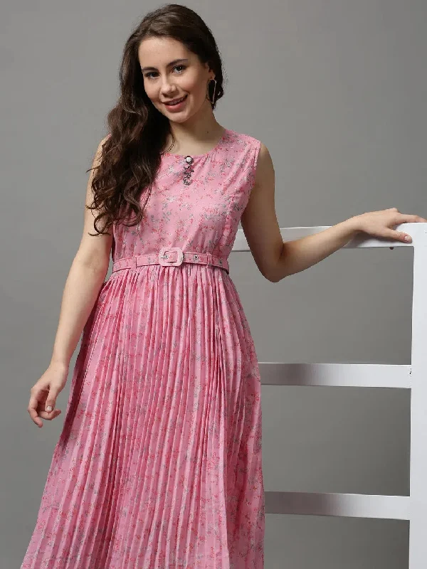 Women's Chic Outerwear Garments Women's Pink Printed A-Line Dress-KG-589-6-Pink