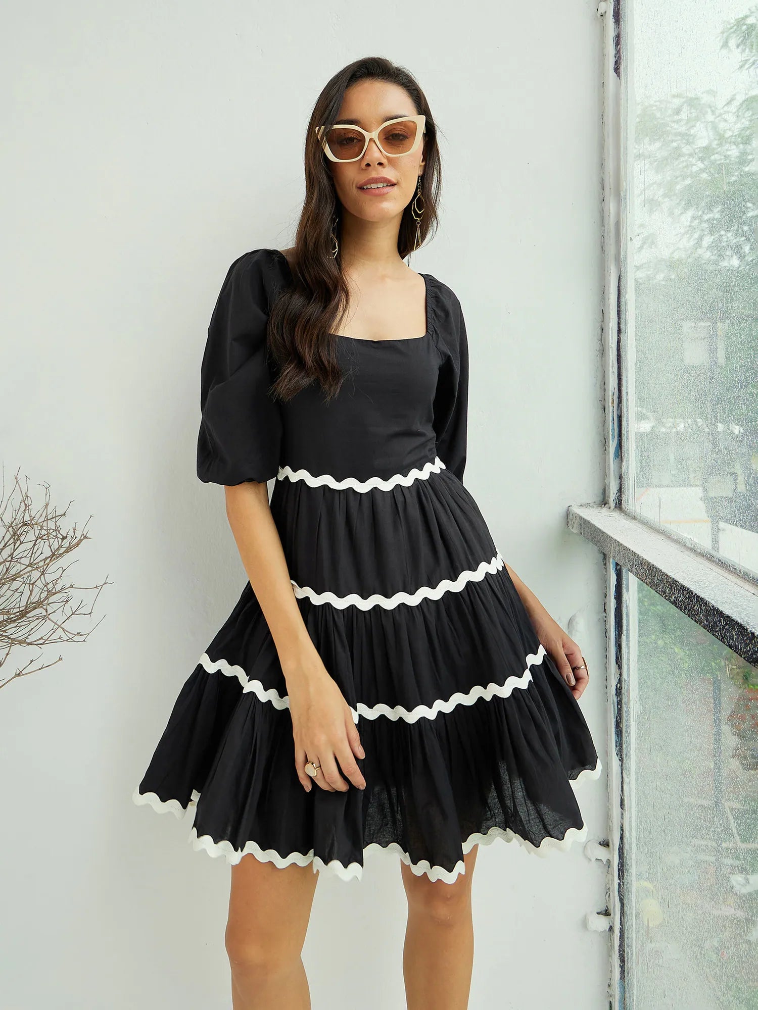 Trendy Casual Outfits Women Black Ric Rac Lace Flared Short Dress-SFDRSS12435