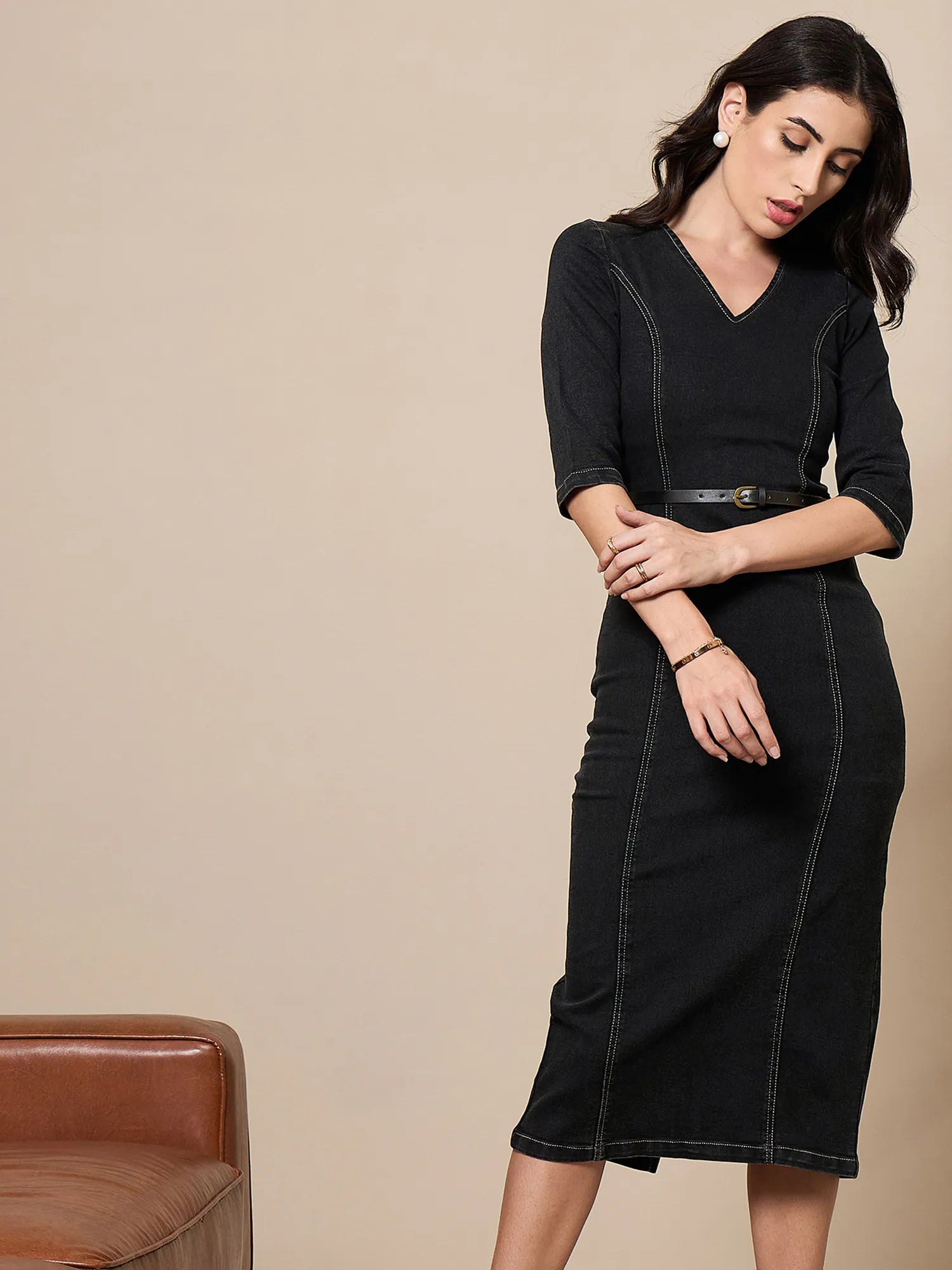 Elegant Women's Clothing Women Black Denim V-Neck Below Knee Dress-SFDRSS12422