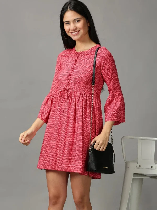 Women's Athletic Clothes Women's Red Checked Fit and Flare Dress-NJ-1166-Red