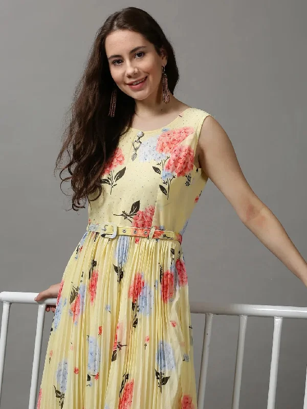 Women's Holiday Clothing Women's Yellow Printed A-Line Dress-KG-586-Yellow