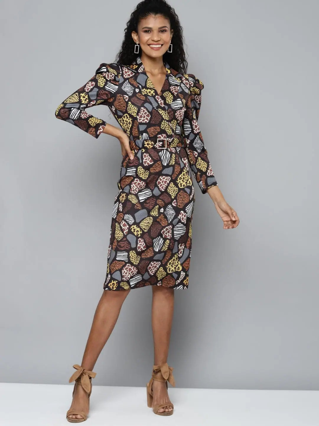 Women's Holiday Clothing Black Scuba Abstract Animal Notch Collar Belted Dress