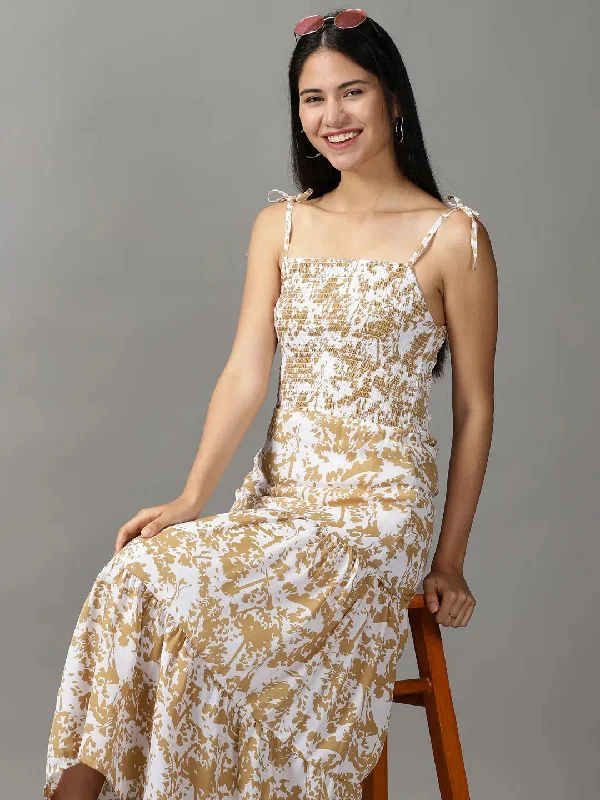 Affordable Women's Clothing Women's White Printed Fit and Flare Dress-AE-15705-Whitetan