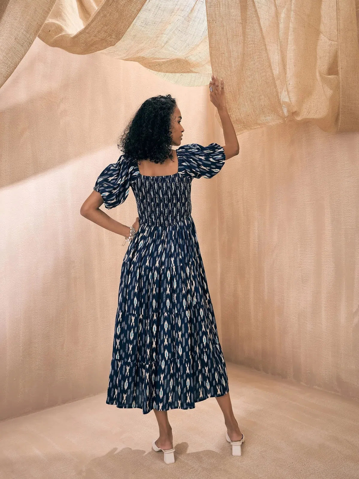 Comfortable Women's Clothing Women Blue Ikat Print Puff Sleeve Smocking Tiered Dress