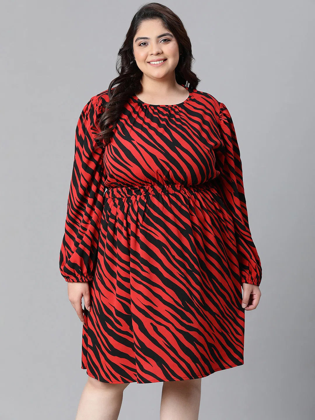 Minimalist Style Women Plus Size Zebra Print Multicolor Elsaticated Tie-Knotted Knee-Length Dress-W23137PDR002