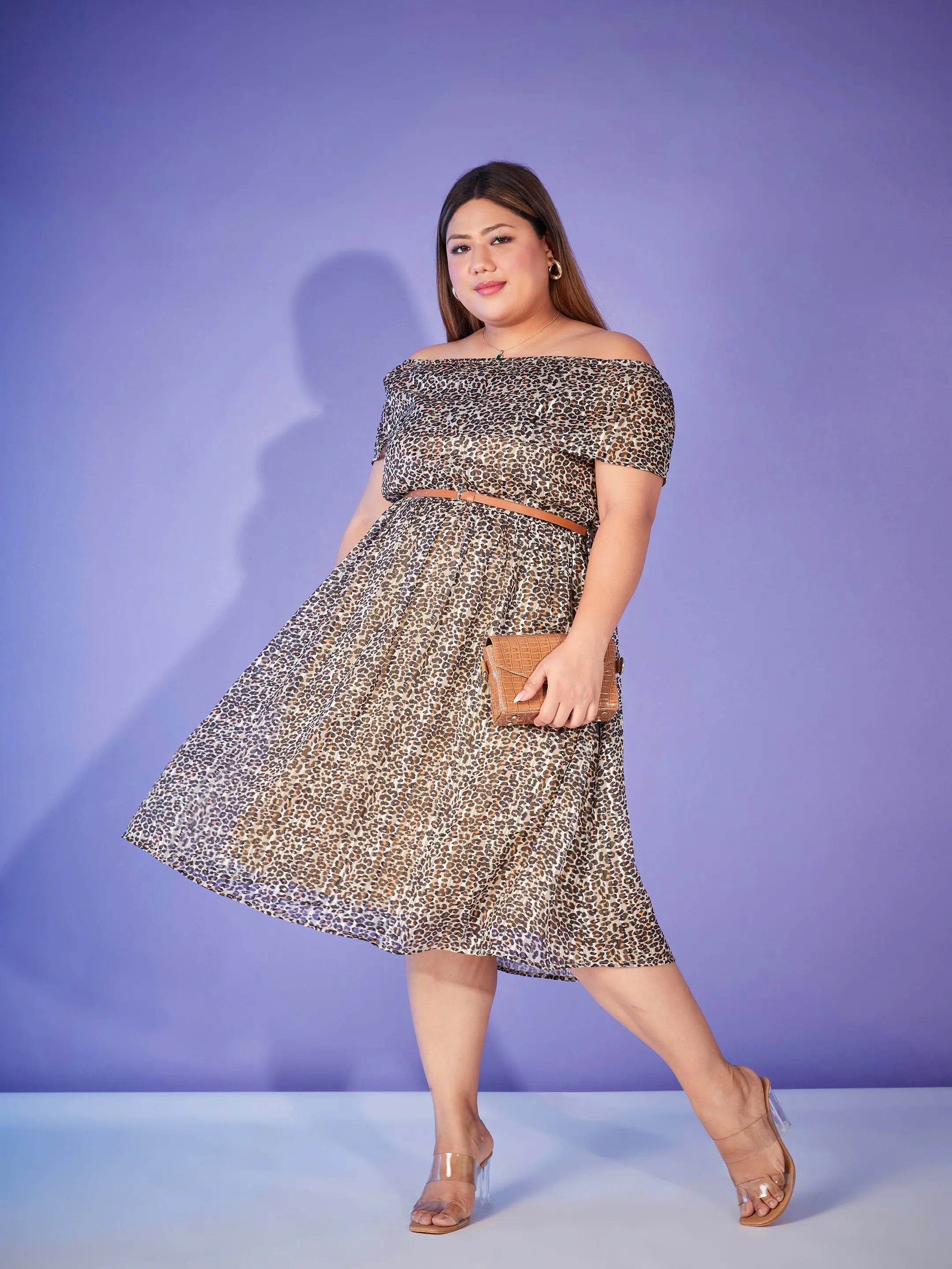 Stylish Outerwear Clothing For Women Women Beige Animal Print Off Shoulder Belted Dress