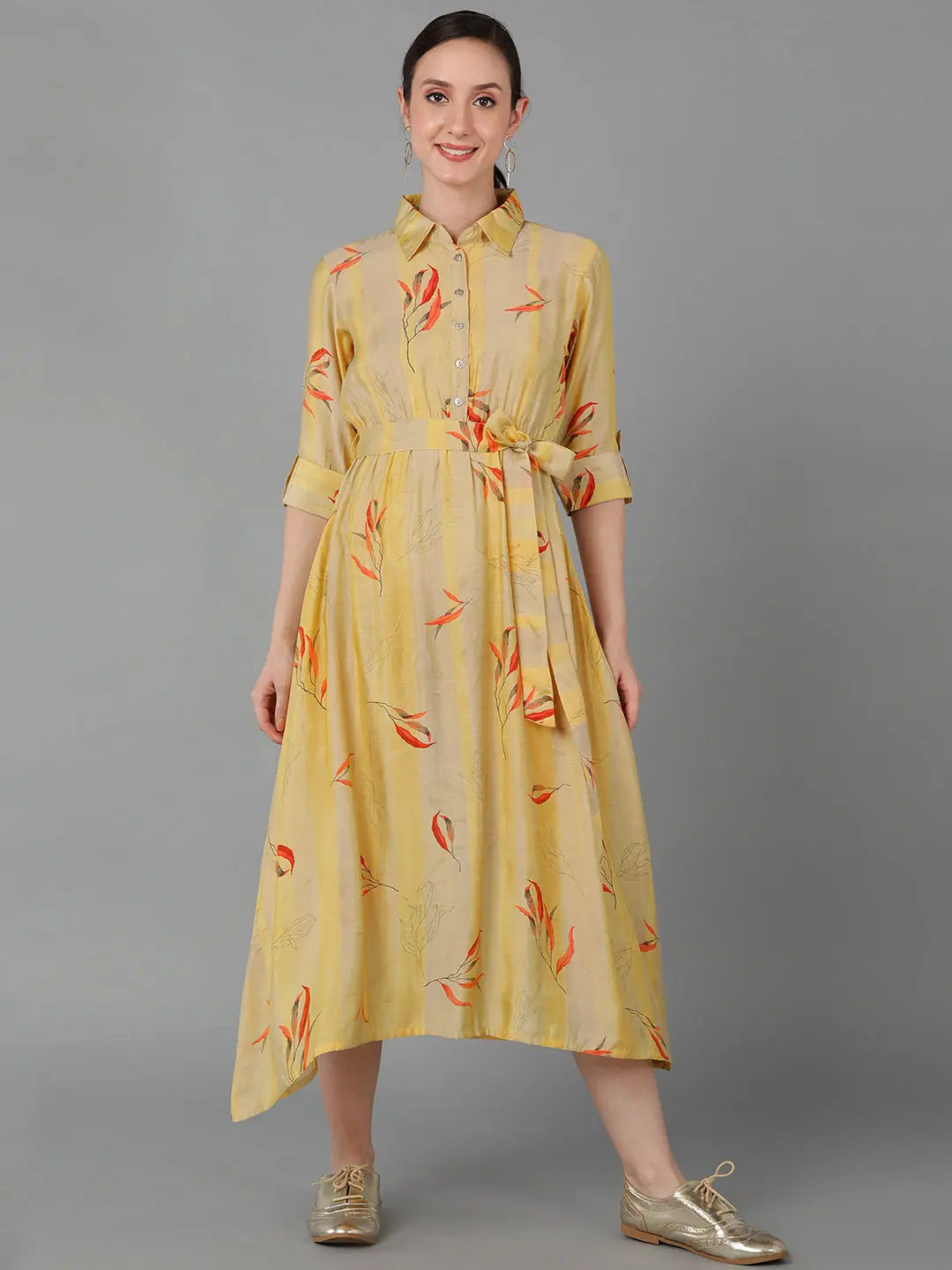 Bold Prints Casual Chic Ahika Women Yellow Polyester Striped Dresses