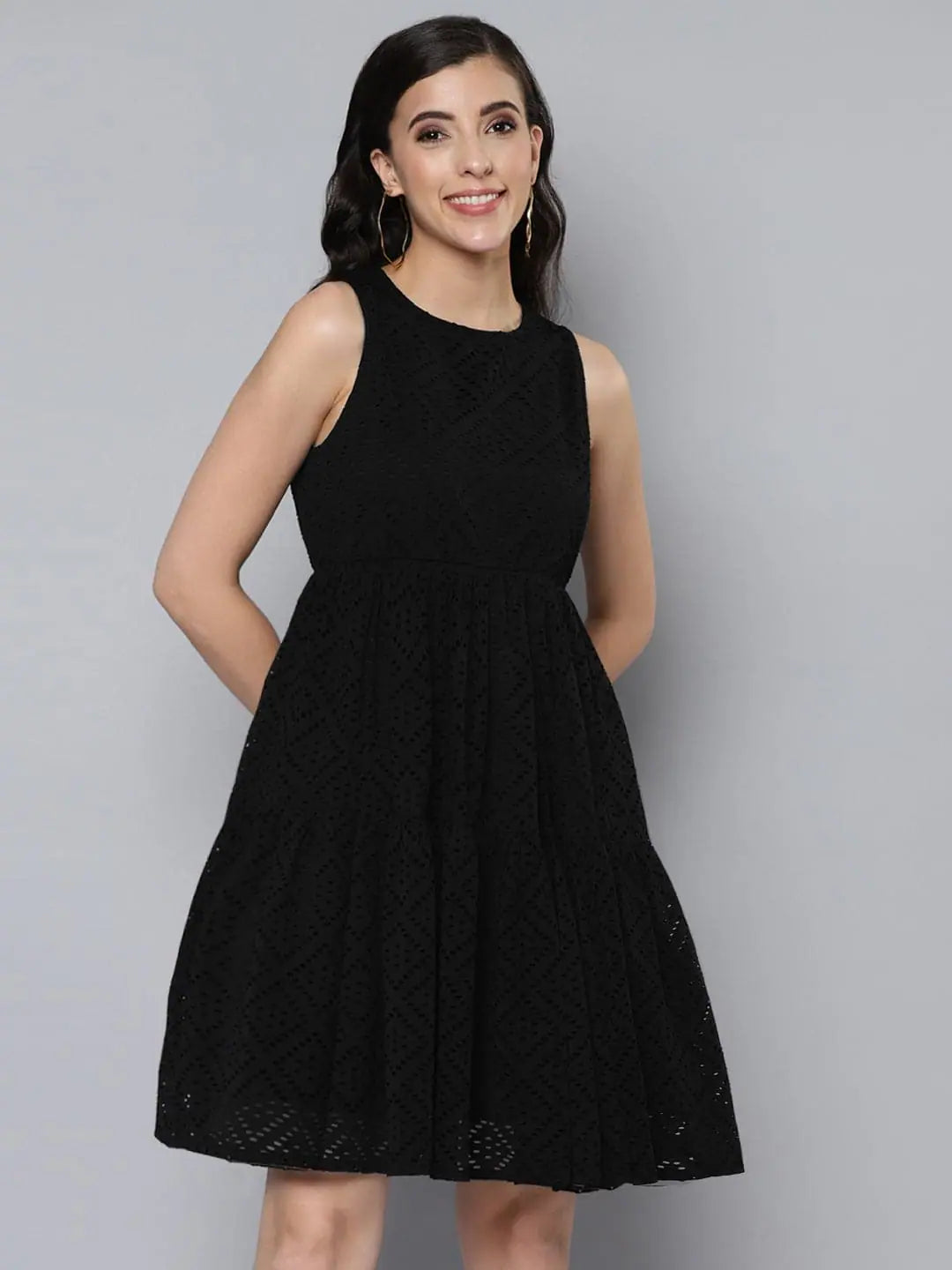 Fashionable Women's Clothes Women Black Schiffli Knee Length Tiered Dress