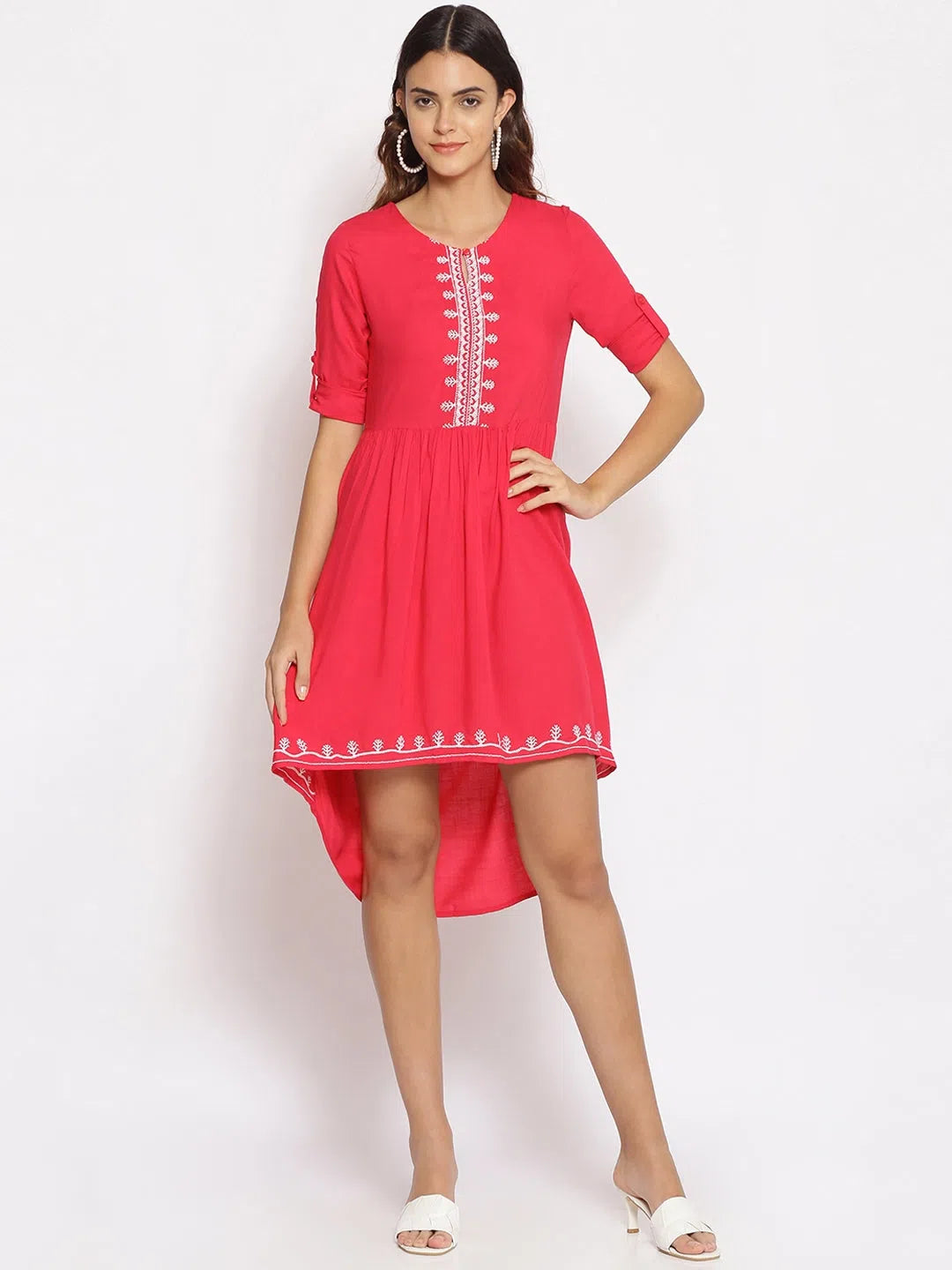 Women's Clothing Brands Pink Embroidered High Low Dress