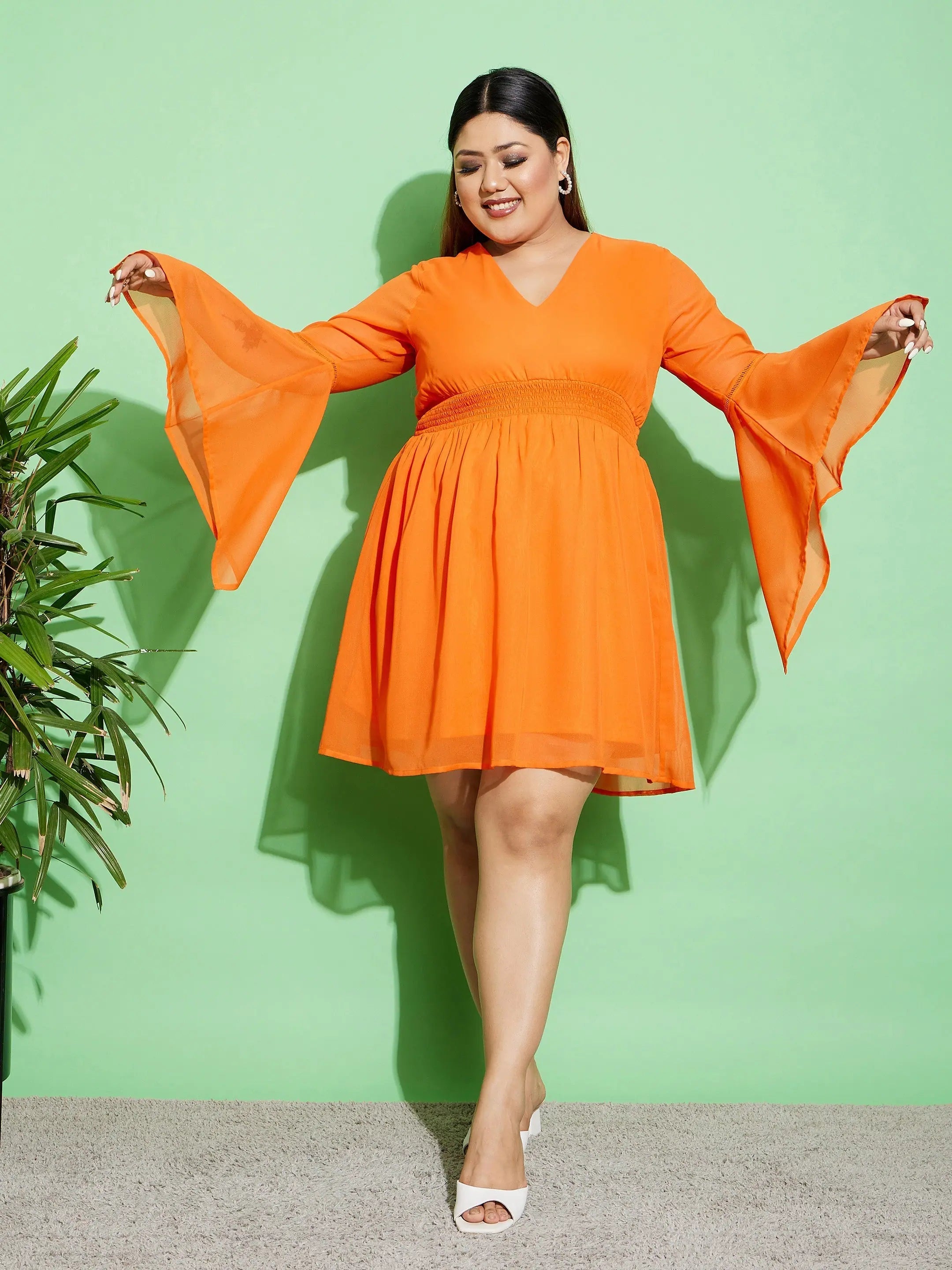 Women's Comfy Loungewear Outfit Women Orange Boho Sleeve Skater Dress