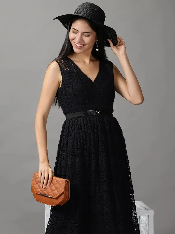 Sale On Clothing Women's Black Solid Fit and Flare Dress-ON-511-Black