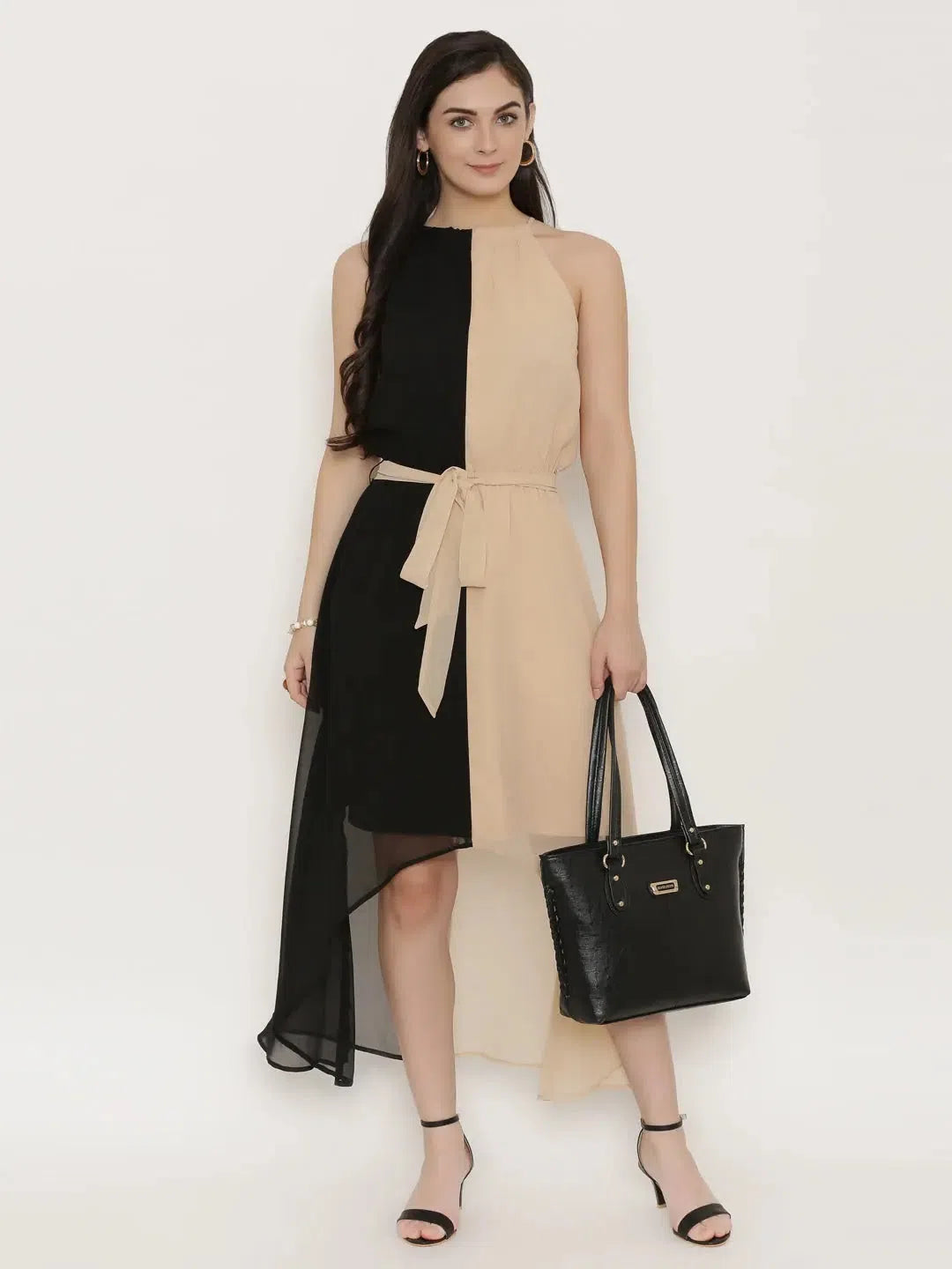 Best Online Boutiques Half Color blocked maxi high low dress in Black