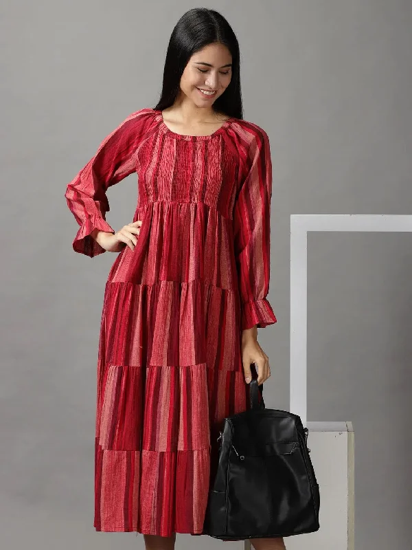 Timeless Elegance Women's Red Colourblock Fit and Flare Dress-ON-8-Maroon
