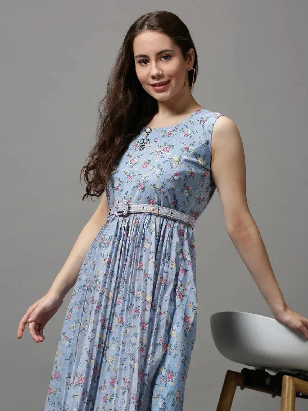 Women's Clothes For Outdoor Events Women's Blue Printed A-Line Dress-KG-589-3-Blue