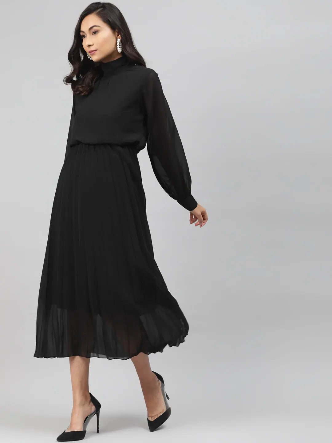 Women's Formal Event Clothing Black Neck Tie-Up Pleated Dress