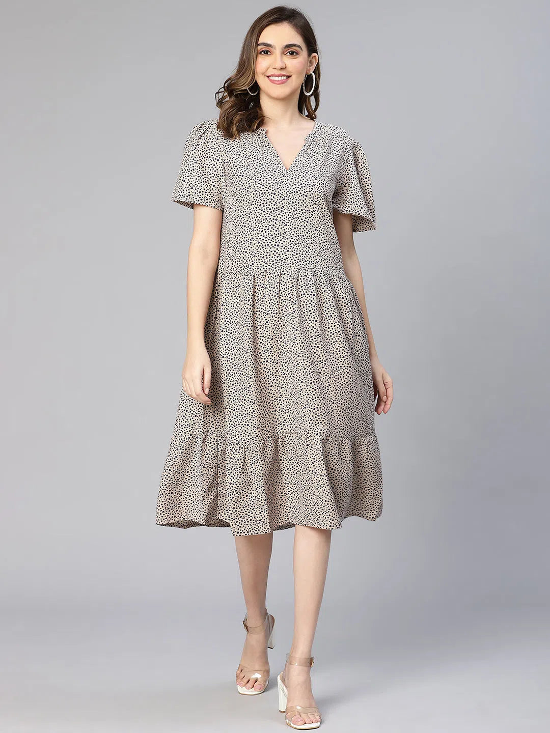 Women's Loungewear Clothes Women Grey Abstract Dot Print Short Sleeve Knee Length Polyester Dress-S23249WDR001