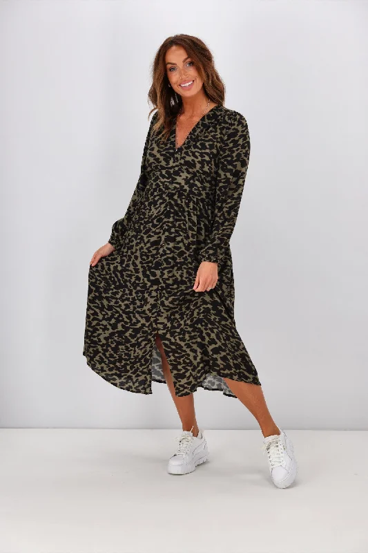 Women's Clothing With Trendy Designs Gloss by Shine On Raia Empire band Dress Olive Animal