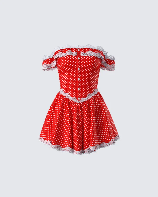 Comfortable Outfit For Women Masami Red Polka Dot Off Shoulder Dress