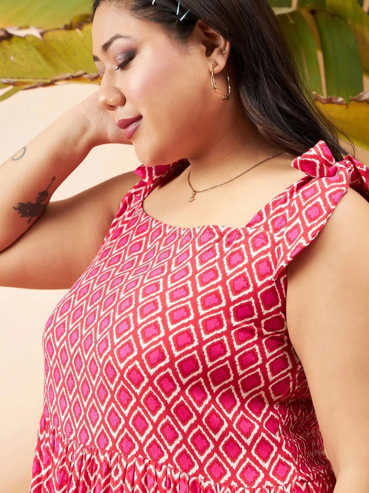 Sustainable Fashion Clothing For Women Women Pink Geometric Tie Up Tiered Dress