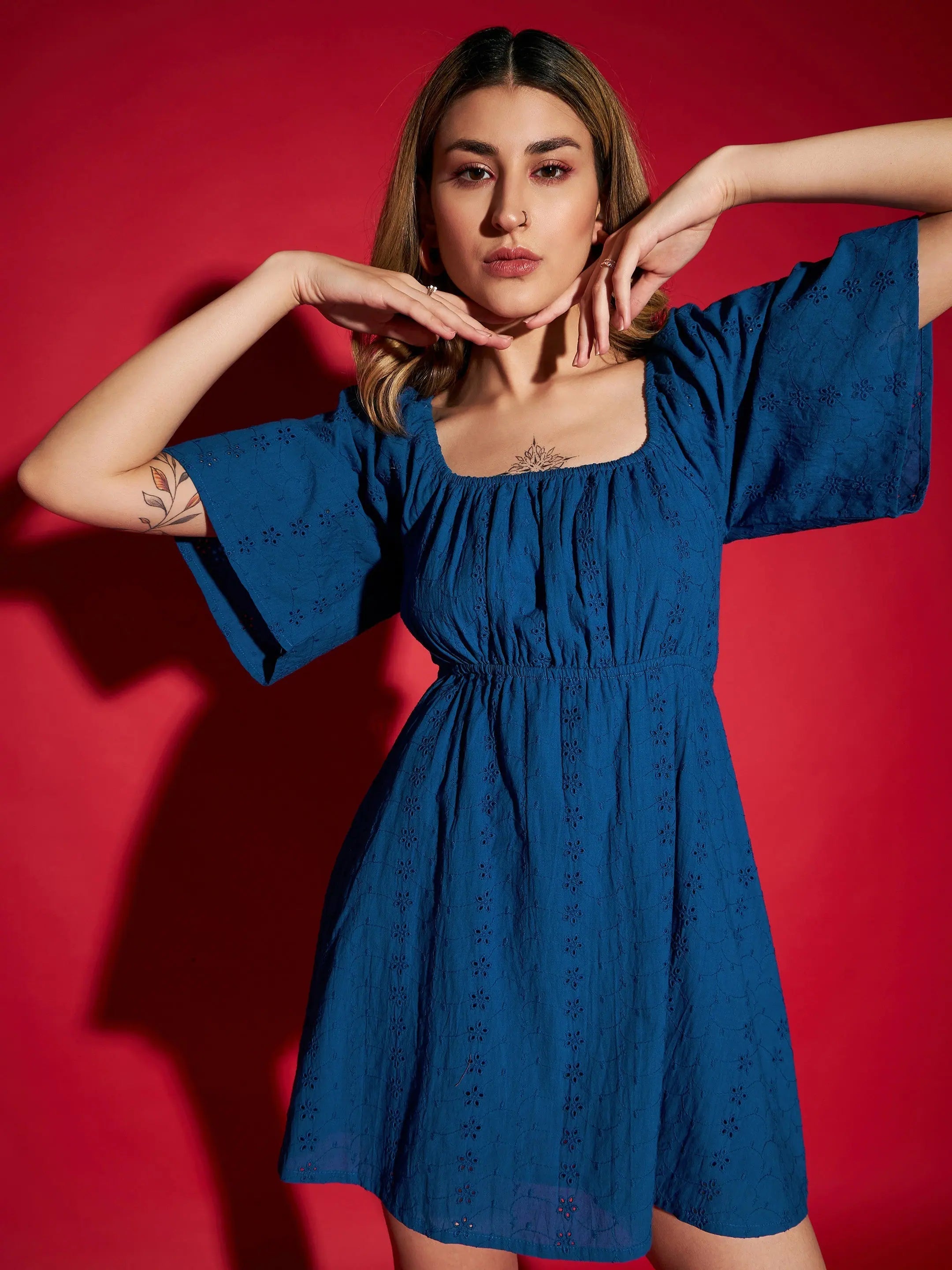 Affordable Luxury Women's Garments Women Royal Blue Schiffli Back Tie Short Skater Dress