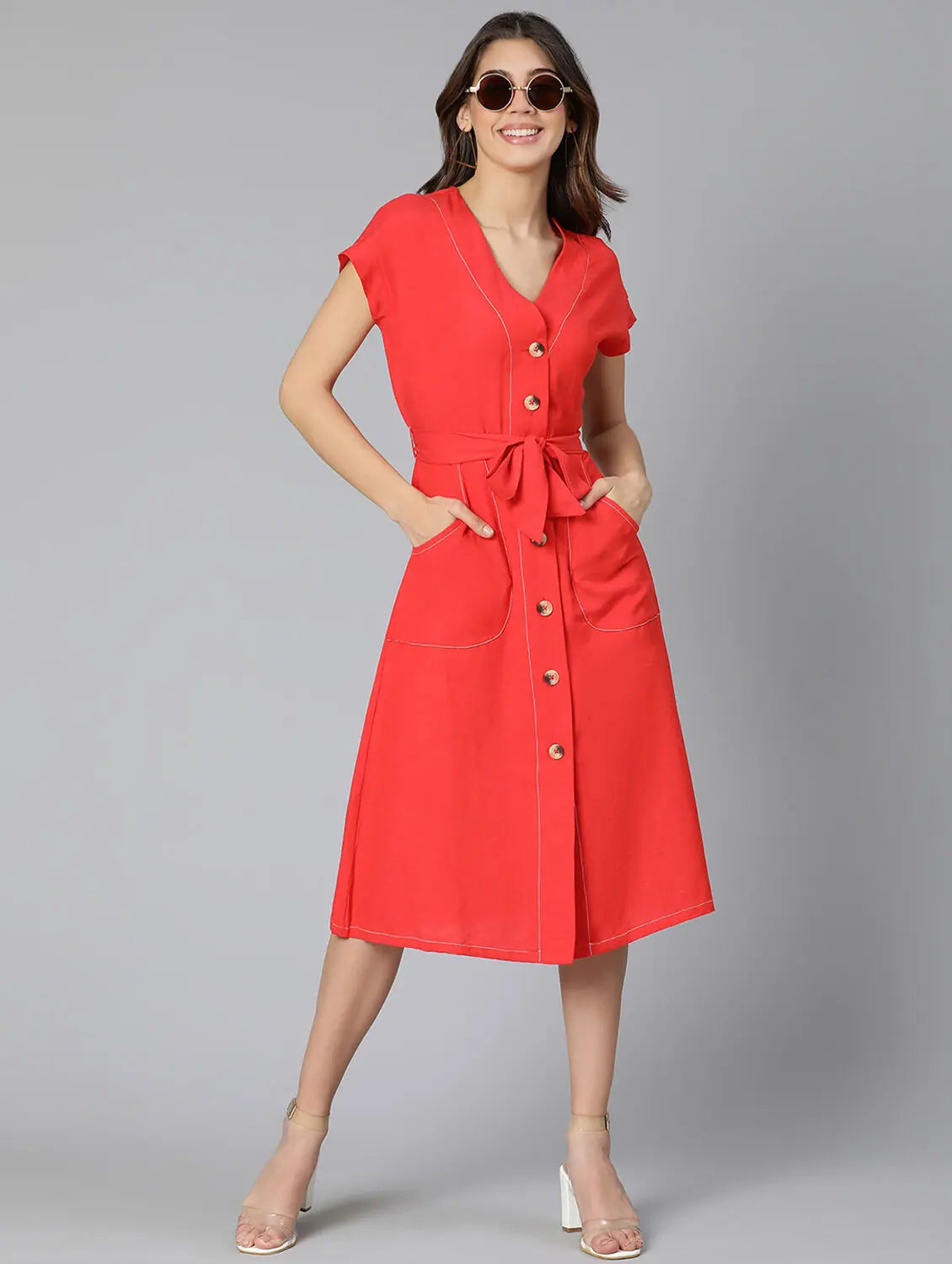 Women's High-Fashion Outfit Stickling Red Linen Blend Meld Women Tie-Knot Dress