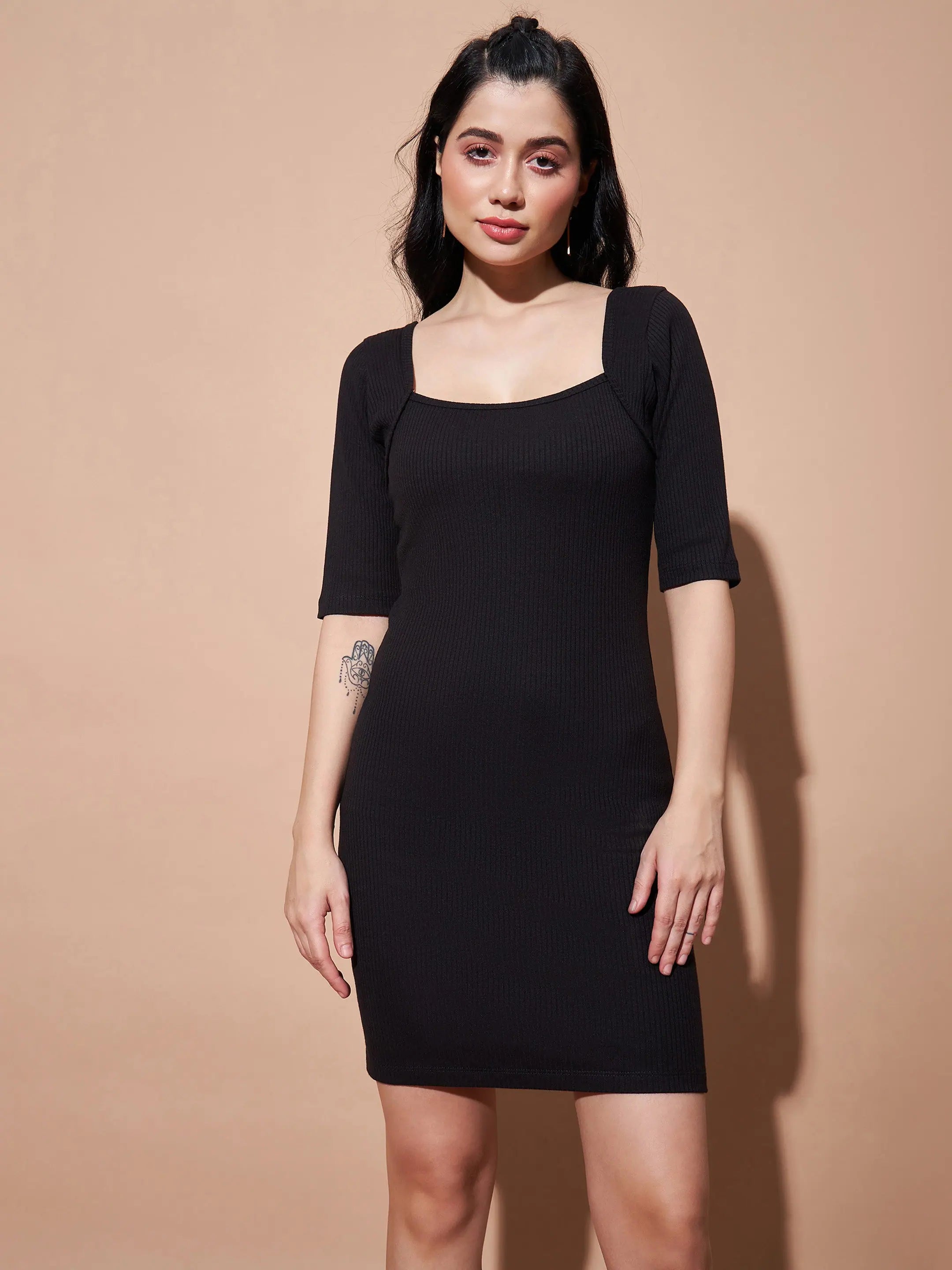 Trendy Women's Apparel for All Seasons Women Black Rib Square Neck Short Dress-SFDRSS11553XS