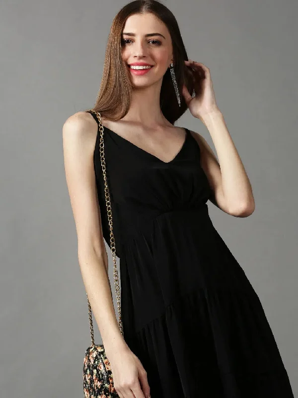 Chic Clothing For Women Women's Black Solid Fit and Flare Dress-AE-15666-Black