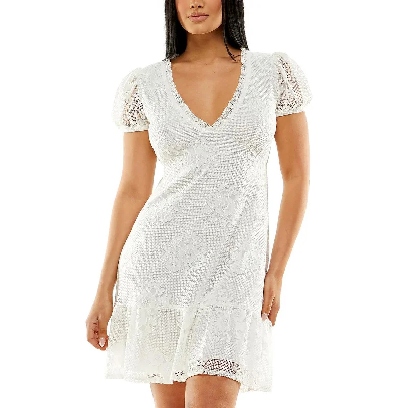 Urban Femme Streetwear Speechless Womens Juniors Lace Puff Sleeves Fit & Flare Dress