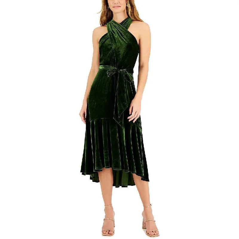 Women's Vacation Outfit Taylor Womens Petites Velvet Hi-Low Halter Dress