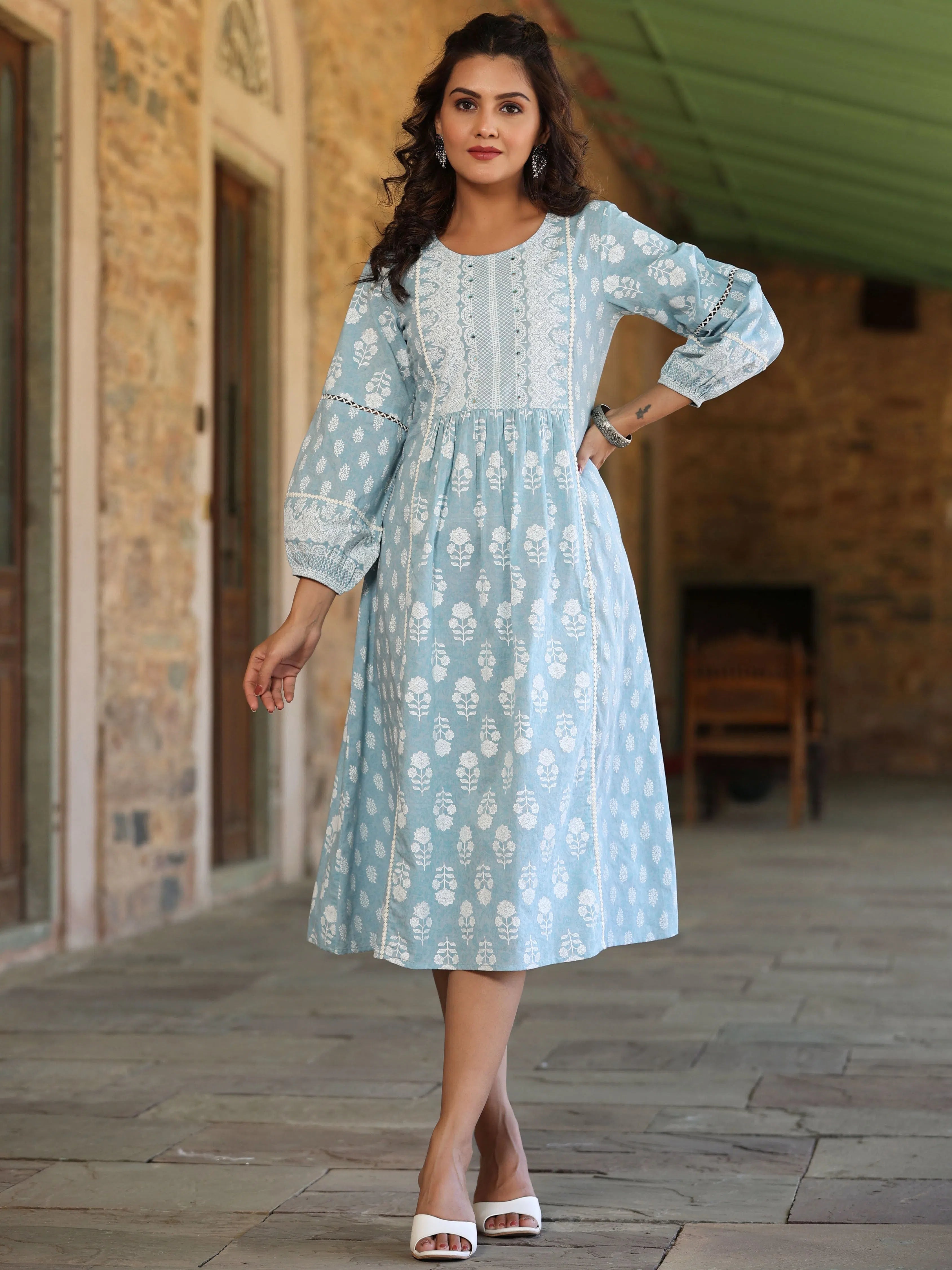 Vintage Clothing For Women Juniper Women's Sky Blue Printed A-Line Dress